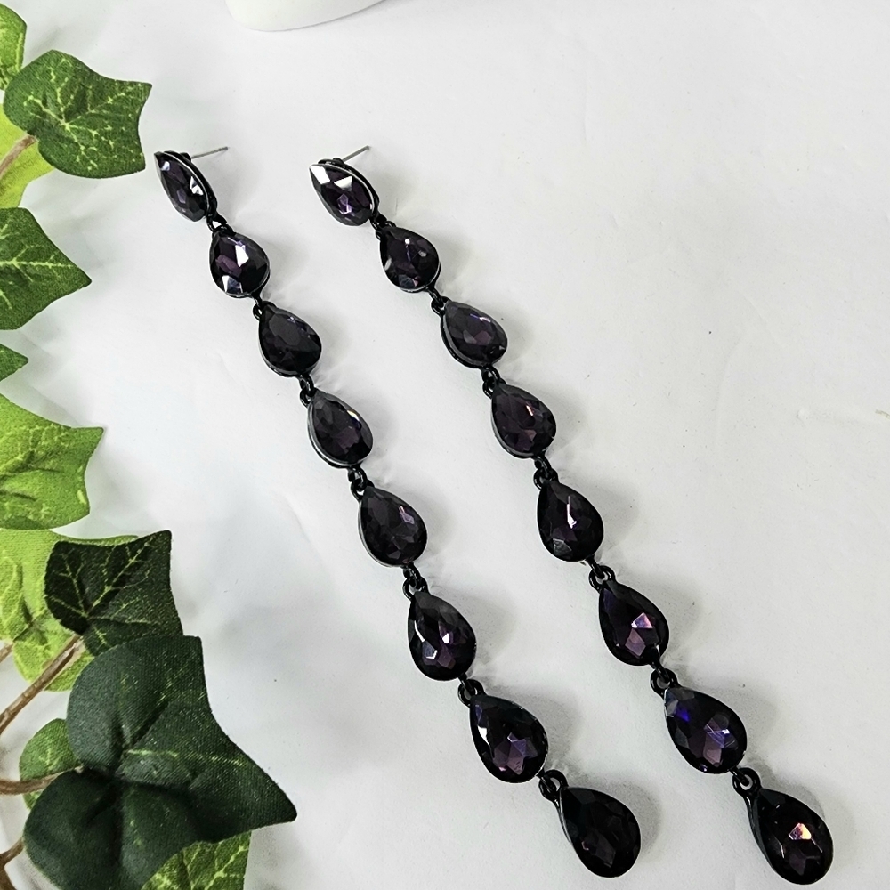 Long Purple Crystal Teardrop Dangle Earrings